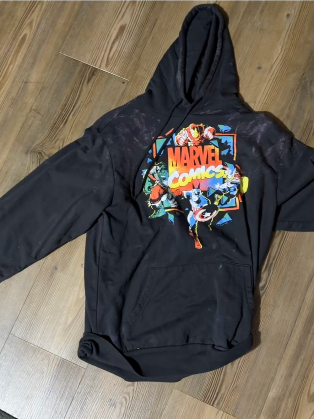 Marvel Black Pullover Hoodie with Red Logo Tag (stained )